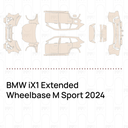 Pre-cut PPF pattern set for the BMW iX1 Extended Wheelbase M Sport 2024: outlines of every film piece in the kit.