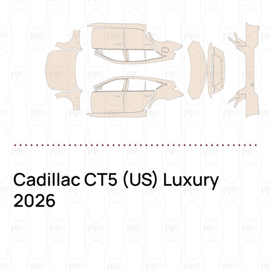 Pre-cut PPF pattern set for the Cadillac CT5 US Luxury 2026: outlines of every film piece in the kit.
