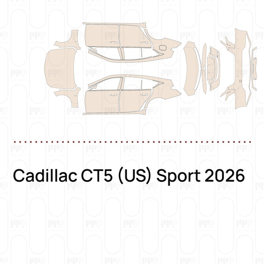 Pre-cut PPF pattern set for the Cadillac CT5 US Sport 2026: outlines of every film piece in the kit.