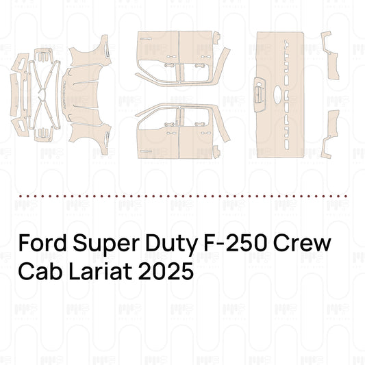 Pre-cut PPF pattern set for the Ford Super Duty F-250 Crew Cab Lariat 2025: outlines of every film piece in the kit.