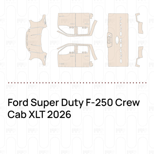 Pre-cut PPF pattern set for the Ford Super Duty F-250 Crew Cab XLT 2026: outlines of every film piece in the kit.