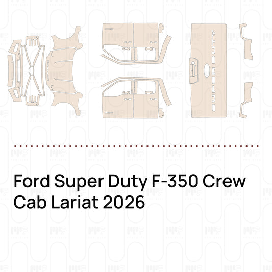 Pre-cut PPF pattern set for the Ford Super Duty F-350 Crew Cab Lariat 2026: outlines of every film piece in the kit.