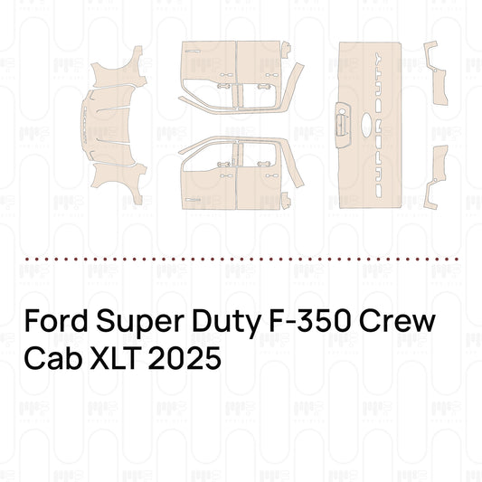 Pre-cut PPF pattern set for the Ford Super Duty F-350 Crew Cab XLT 2025: outlines of every film piece in the kit.