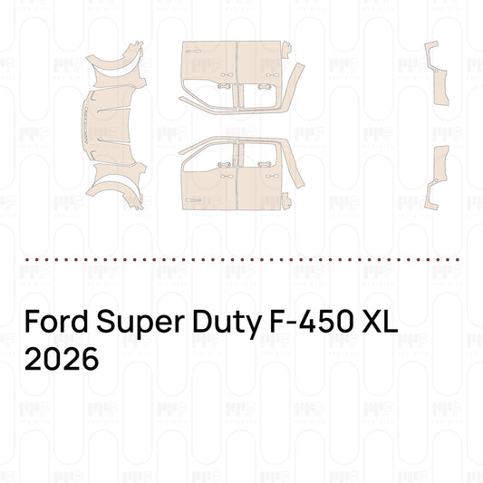 Pre-cut PPF pattern set for the Ford Super Duty F-450 XL 2026: outlines of every film piece in the kit.