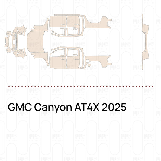 Pre-cut PPF pattern set for the GMC Canyon AT4X 2025: outlines of every film piece in the kit.