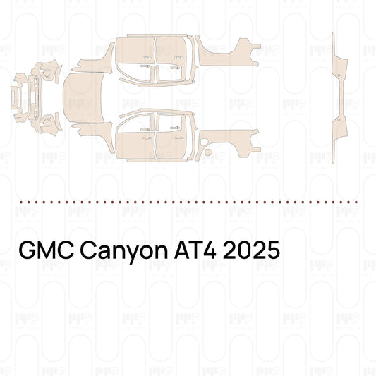 Pre-cut PPF pattern set for the GMC Canyon AT4 2025: outlines of every film piece in the kit.