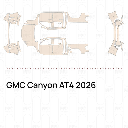 Pre-cut PPF pattern set for the GMC Canyon AT4 2026: outlines of every film piece in the kit.