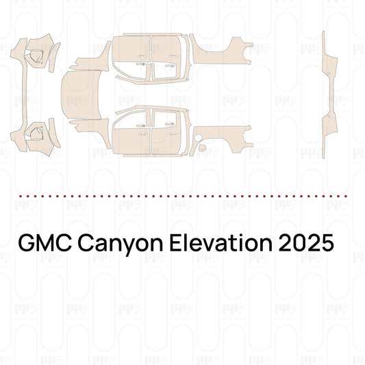 Pre-cut PPF pattern set for the GMC Canyon Elevation 2025: outlines of every film piece in the kit.