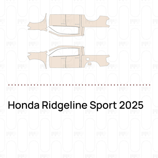 Pre-cut PPF pattern set for the Honda Ridgeline Sport 2025: outlines of every film piece in the kit.
