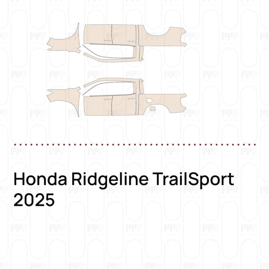 Pre-cut PPF pattern set for the Honda Ridgeline TrailSport 2025: outlines of every film piece in the kit.