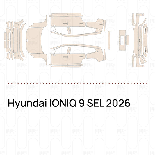 Pre-cut PPF pattern set for the Hyundai IONIQ 9 SEL 2026: outlines of every film piece in the kit.