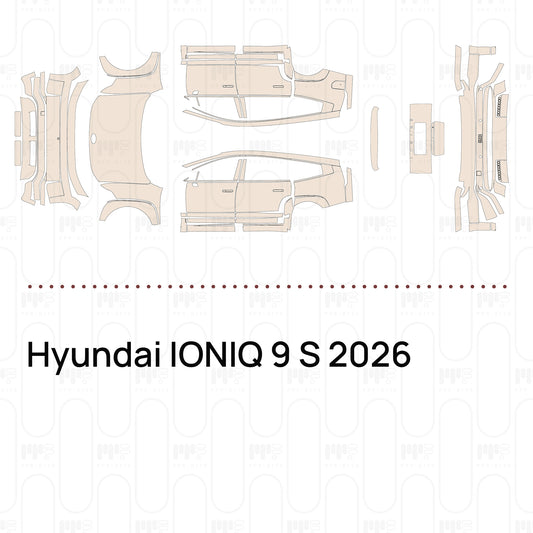Pre-cut PPF pattern set for the Hyundai IONIQ 9 S 2026: outlines of every film piece in the kit.