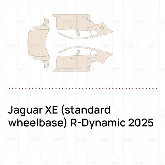 Pre-cut PPF pattern set for the Jaguar XE standard wheelbase R-Dynamic 2025: outlines of every film piece in the kit.