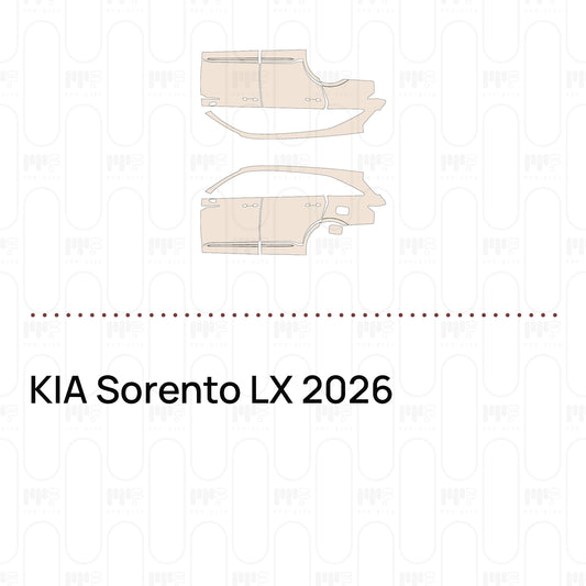 Pre-cut PPF pattern set for the KIA Sorento LX 2026: outlines of every film piece in the kit.