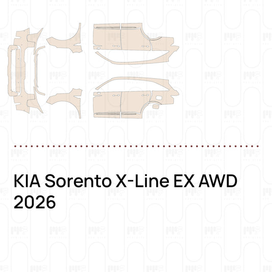 Pre-cut PPF pattern set for the KIA Sorento X-Line EX AWD 2026: outlines of every film piece in the kit.