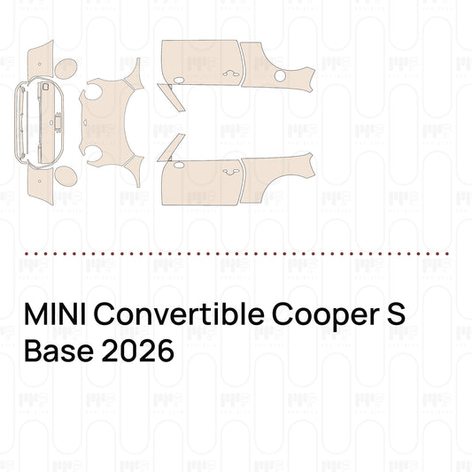 Pre-cut PPF pattern set for the MINI Convertible Cooper S Base 2026: outlines of every film piece in the kit.