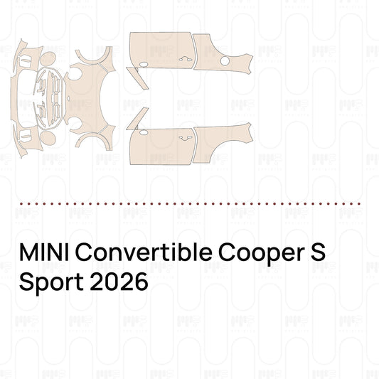 Pre-cut PPF pattern set for the MINI Convertible Cooper S Sport 2026: outlines of every film piece in the kit.