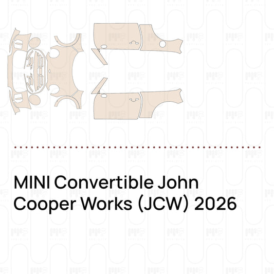 Pre-cut PPF pattern set for the MINI Convertible John Cooper Works JCW 2026: outlines of every film piece in the kit.