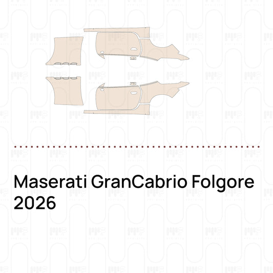 Pre-cut PPF pattern set for the Maserati GranCabrio Folgore 2026: outlines of every film piece in the kit.