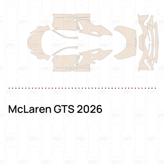 Pre-cut PPF pattern set for the McLaren GTS 2026: outlines of every film piece in the kit.