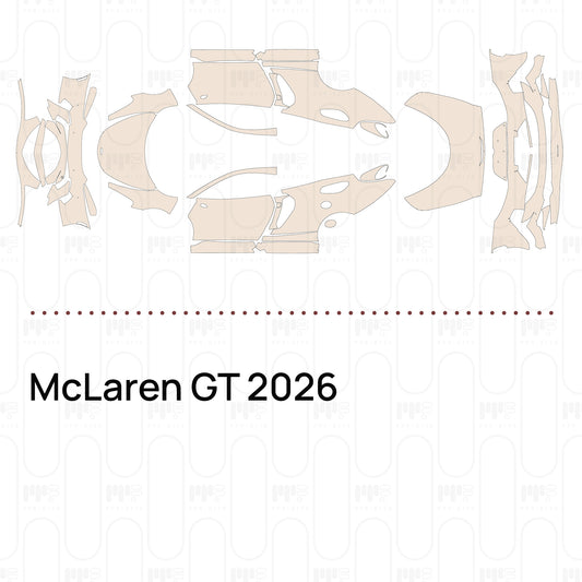 Pre-cut PPF pattern set for the McLaren GT 2026: outlines of every film piece in the kit.
