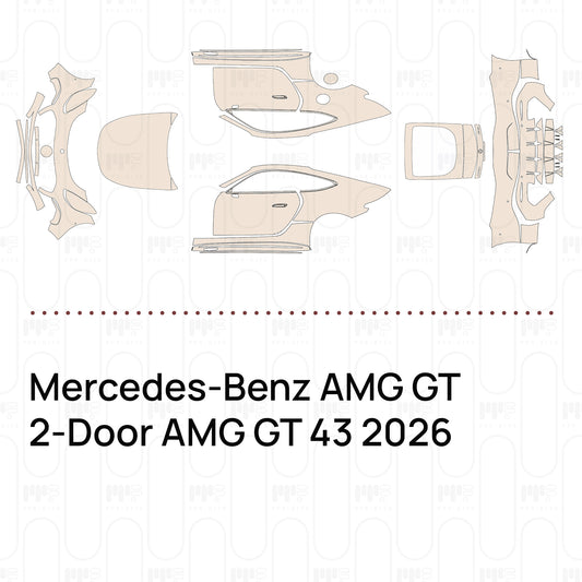 Pre-cut PPF pattern set for the Mercedes-Benz AMG GT 2-Door AMG GT 43 2026: outlines of every film piece in the kit.
