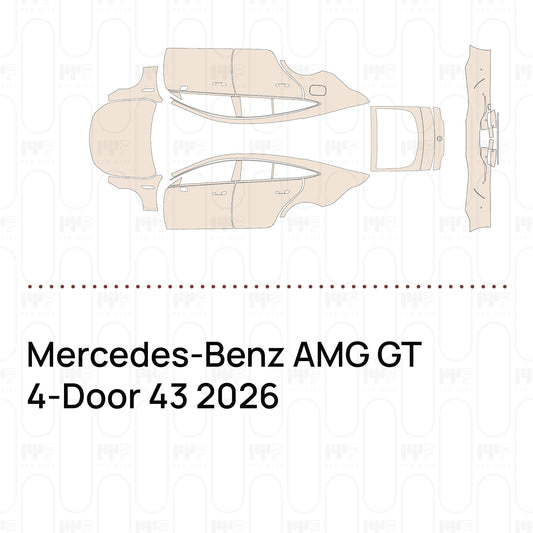 Pre-cut PPF pattern set for the Mercedes-Benz AMG GT 4-Door 43 2026: outlines of every film piece in the kit.