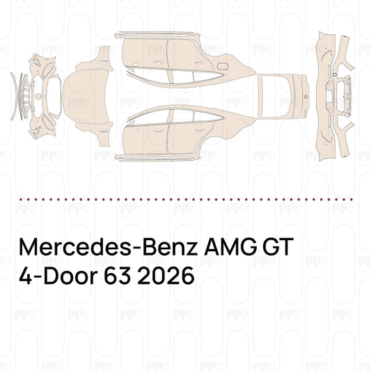Pre-cut PPF pattern set for the Mercedes-Benz AMG GT 4-Door 63 2026: outlines of every film piece in the kit.