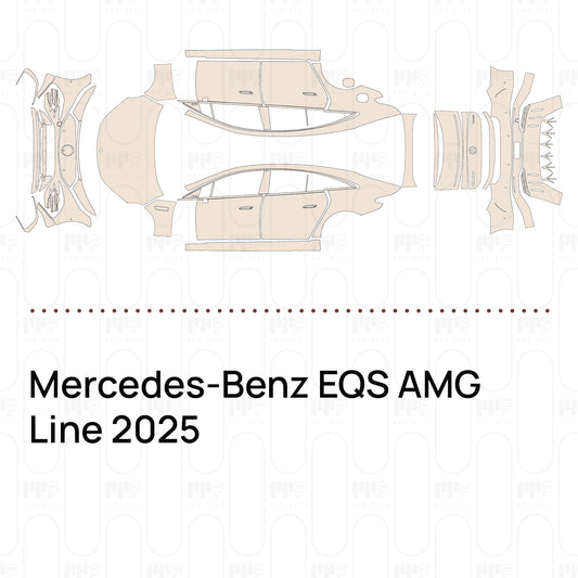 Pre-cut PPF pattern set for the Mercedes-Benz EQS AMG Line 2025: outlines of every film piece in the kit.