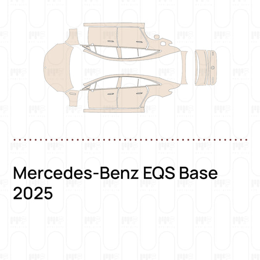 Pre-cut PPF pattern set for the Mercedes-Benz EQS Base 2025: outlines of every film piece in the kit.