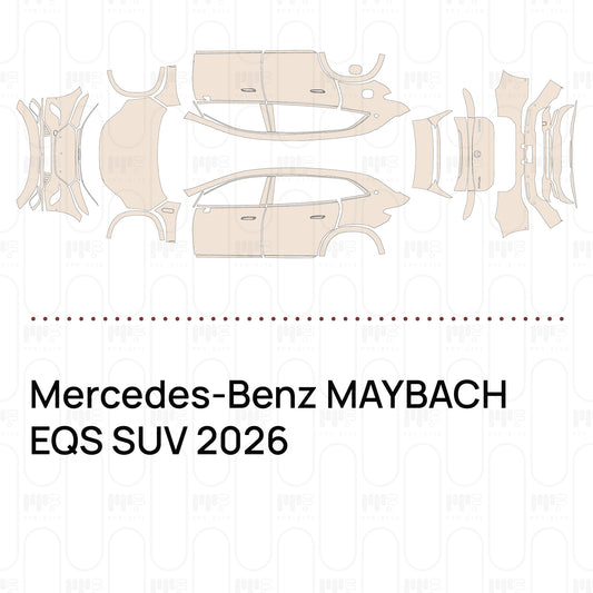 Pre-cut PPF pattern set for the Mercedes-Benz MAYBACH EQS SUV 2026: outlines of every film piece in the kit.