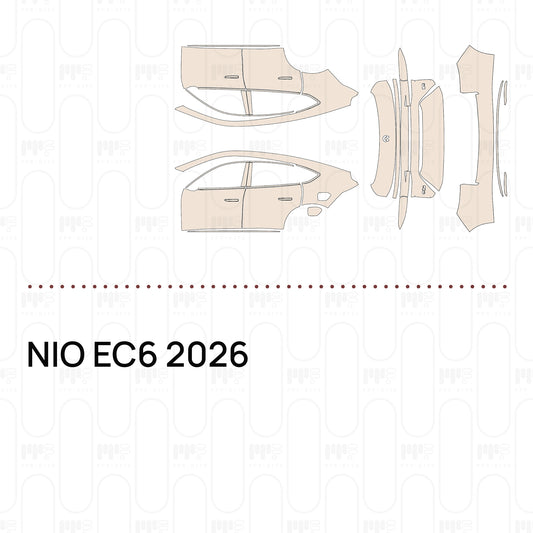 Pre-cut PPF pattern set for the NIO EC6 2026: outlines of every film piece in the kit.