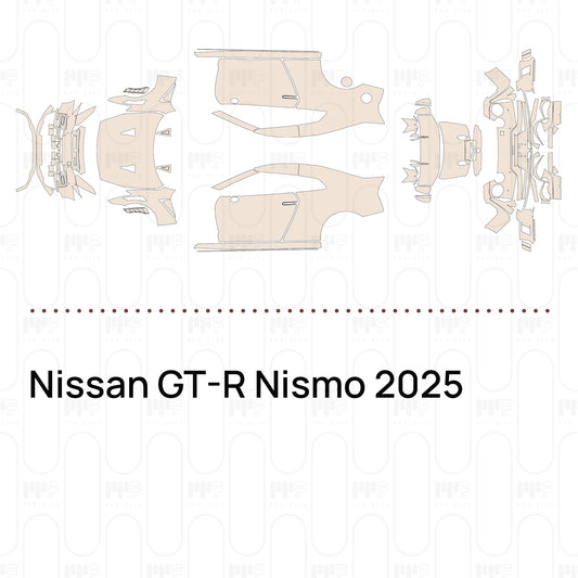 Pre-cut PPF pattern set for the Nissan GT-R Nismo 2025: outlines of every film piece in the kit.