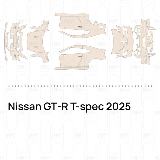Pre-cut PPF pattern set for the Nissan GT-R T-spec 2025: outlines of every film piece in the kit.