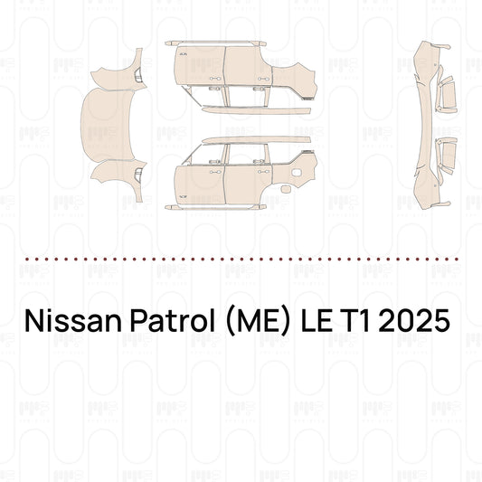 Pre-cut PPF pattern set for the Nissan Patrol ME LE T1 2025: outlines of every film piece in the kit.