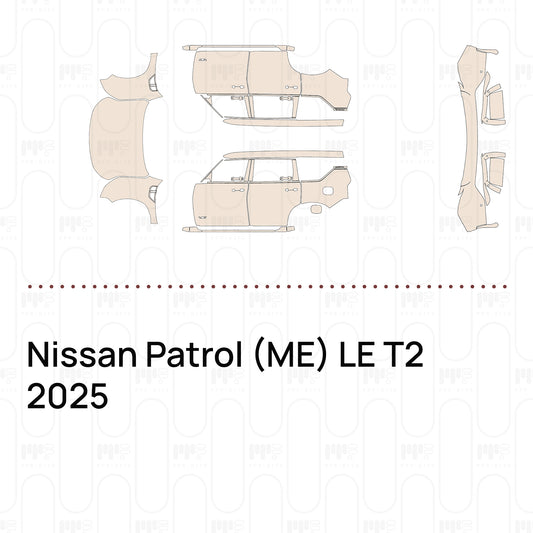 Pre-cut PPF pattern set for the Nissan Patrol ME LE T2 2025: outlines of every film piece in the kit.