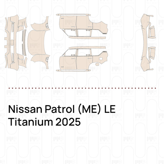 Pre-cut PPF pattern set for the Nissan Patrol ME LE Titanium 2025: outlines of every film piece in the kit.