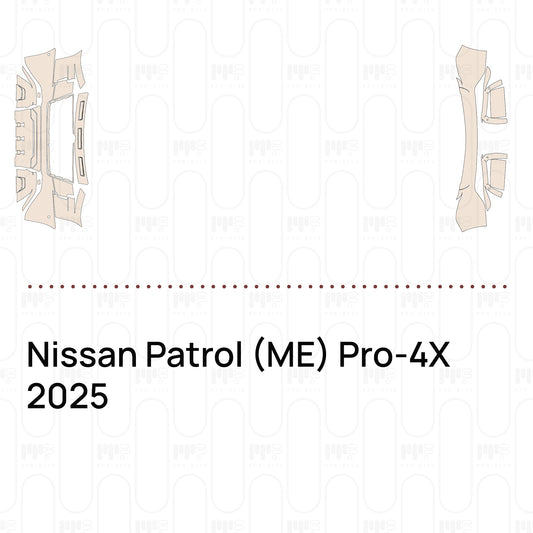 Pre-cut PPF pattern set for the Nissan Patrol ME Pro-4X 2025: outlines of every film piece in the kit.
