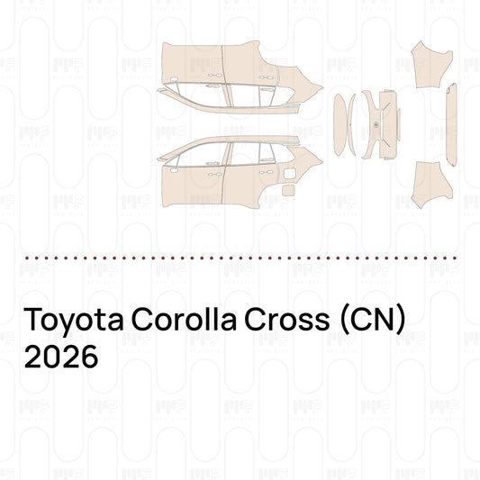 Pre-cut PPF pattern set for the Toyota Corolla Cross CN 2026: outlines of every film piece in the kit.