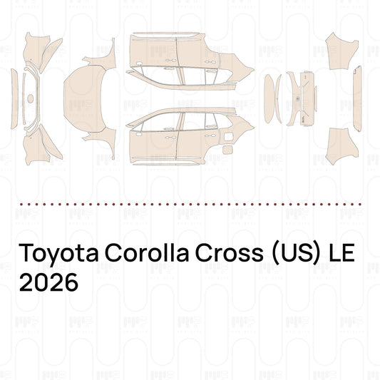 Pre-cut PPF pattern set for the Toyota Corolla Cross US LE 2026: outlines of every film piece in the kit.