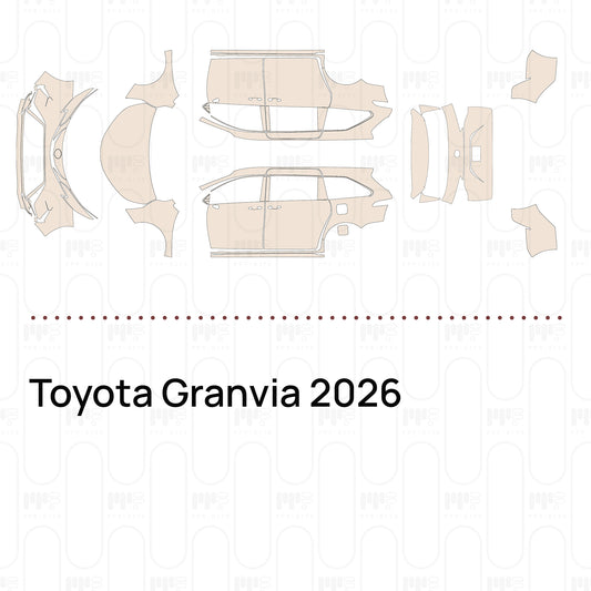 Pre-cut PPF pattern set for the Toyota Granvia 2026: outlines of every film piece in the kit.