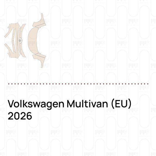 Pre-cut PPF pattern set for the Volkswagen Multivan EU 2026: outlines of every film piece in the kit.