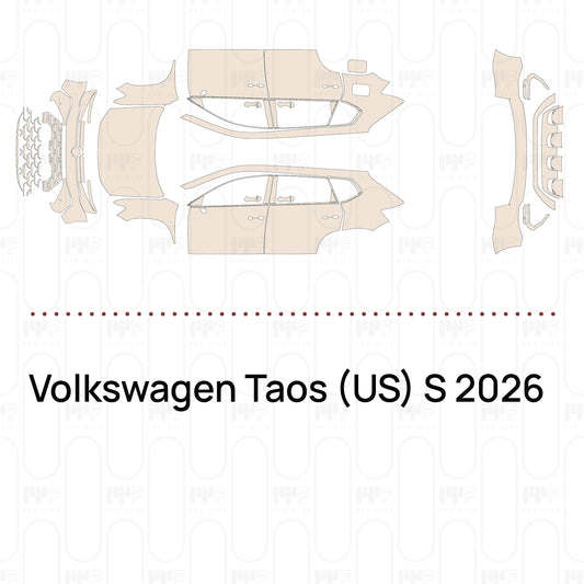 Pre-cut PPF pattern set for the Volkswagen Taos US S 2026: outlines of every film piece in the kit.