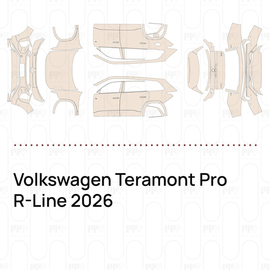 Pre-cut PPF pattern set for the Volkswagen Teramont Pro R-Line 2026: outlines of every film piece in the kit.
