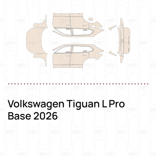 Pre-cut PPF pattern set for the Volkswagen Tiguan L Pro Base 2026: outlines of every film piece in the kit.