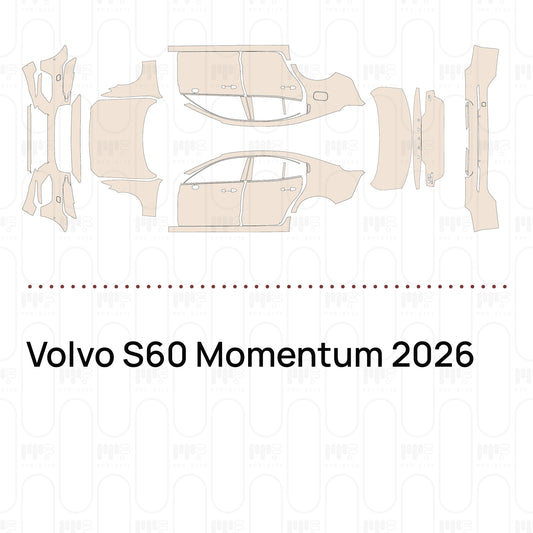 Pre-cut PPF pattern set for the Volvo S60 Momentum 2026: outlines of every film piece in the kit.