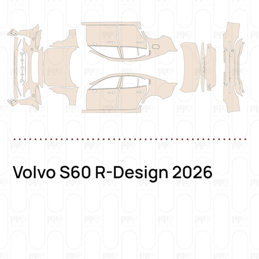 Pre-cut PPF pattern set for the Volvo S60 R-Design 2026: outlines of every film piece in the kit.