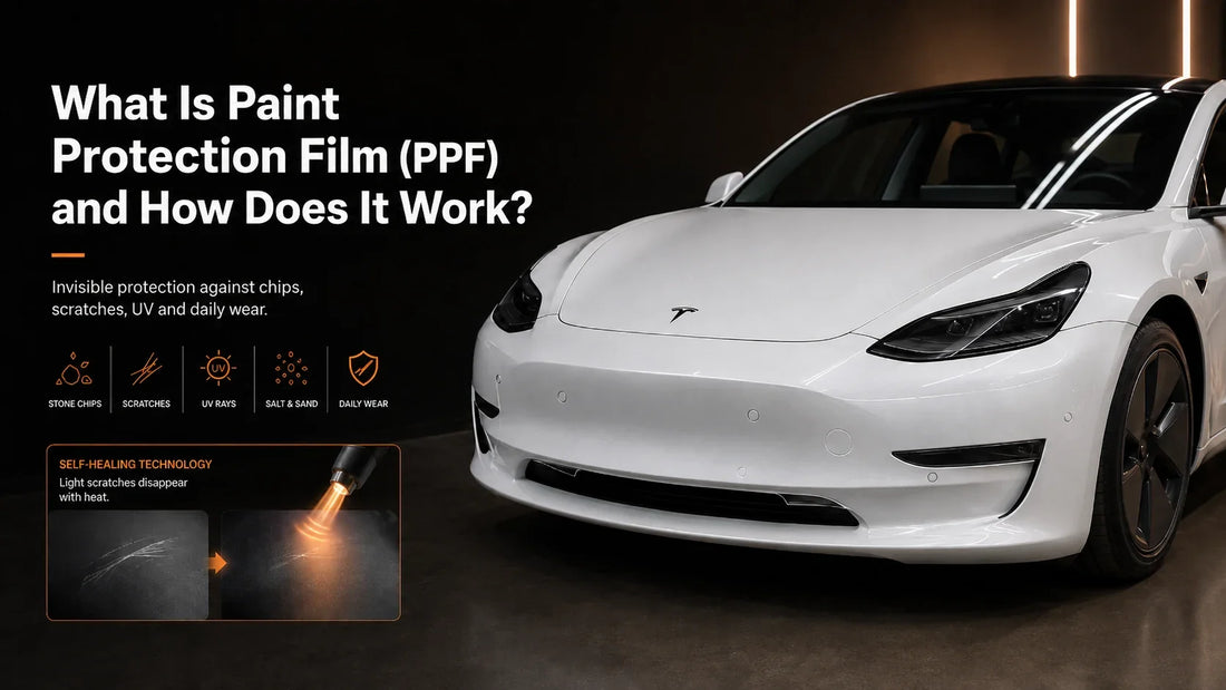What is paint protection film (PPF) — a white Tesla Model 3 with PPF, showing protection against stone chips, scratches, UV, salt and daily wear plus self-healing technology