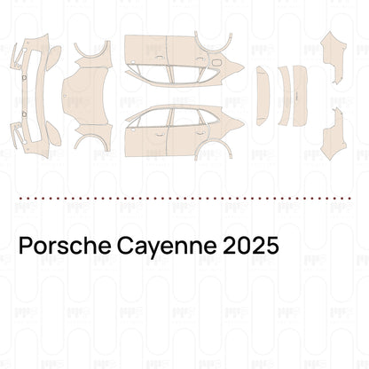 Pre-cut PPF pattern set for the Porsche Cayenne 2025: outlines of every film piece in the kit.